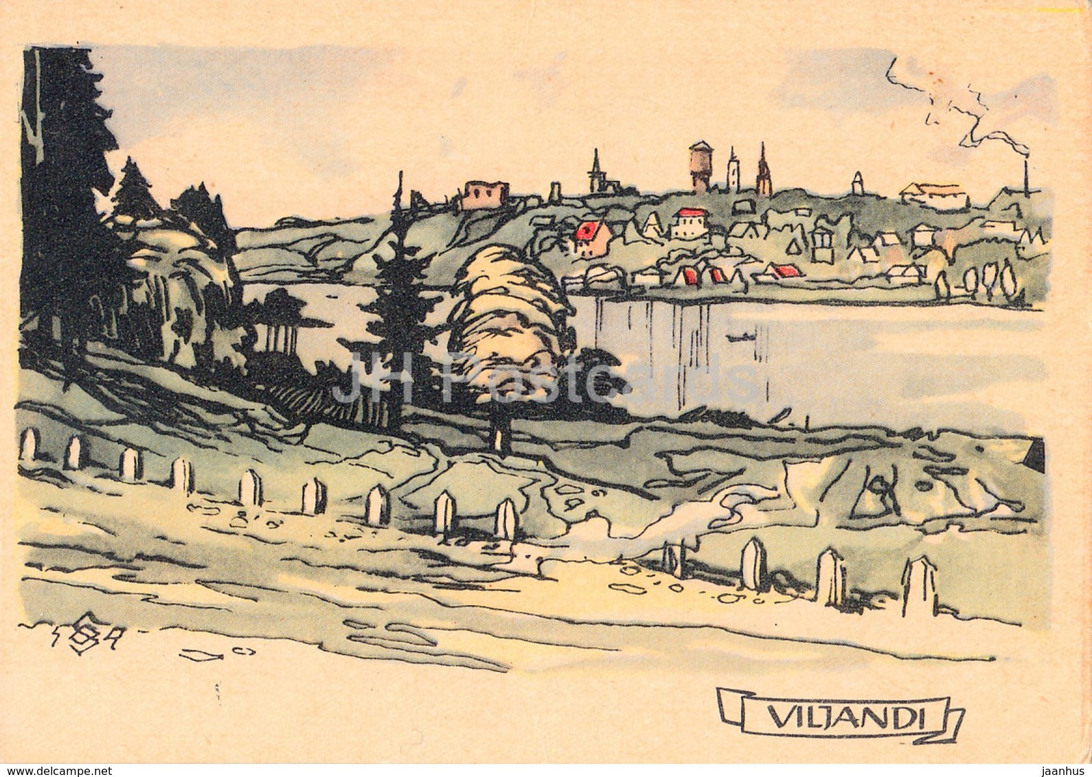 Lake Viljandi - Viljandi - Illustration by O. Soans - 1960 - Estonia USSR - unused - JH Postcards