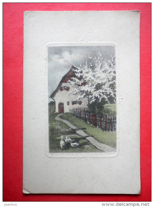 illustration - house - goose - embossed - T 2561 - circulated in Estonia 1923 - JH Postcards