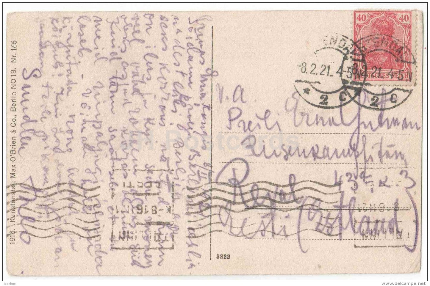Fürstenhof - Potsdamer Platz - Bahnhof - Berlin - 3822 - Germany - sent from Germany Berlin to Estonia Tallinn 1921 - JH Postcards