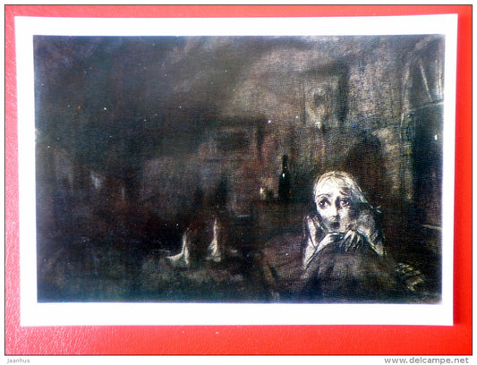 illustration by I. Glazunov . Mother's Death - Novel by F. Dostoyevsky Netochka Nezvanova - 1971 - Russia USSR - unused - JH Postcards