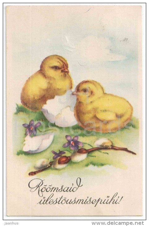 Easter Greeting Card - eggs - chicken - catkins - IL - circulated in Estonia 1938 - JH Postcards