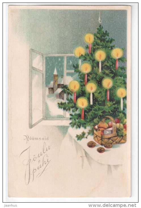 christmas greeting card - christmas tree - church - old postcard - circulated in Estonia - used - JH Postcards