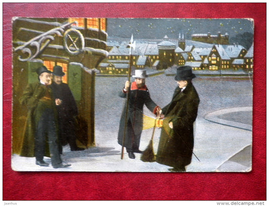 illustration 169/V - men - lamp - night town - circulated in Estonia 1910 - used - JH Postcards