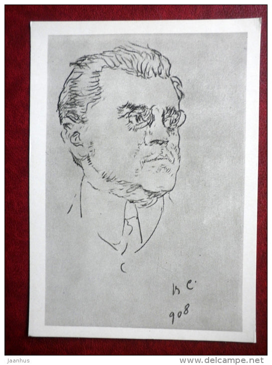 drawing by V. Serov - portrait of actor I. Moskvin , 1908 - russian art - unused - JH Postcards