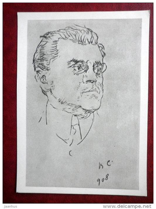 drawing by V. Serov - portrait of actor I. Moskvin , 1908 - russian art - unused - JH Postcards