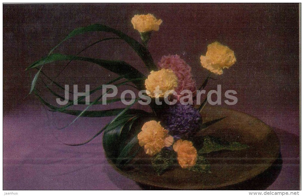 Wind Travels - yellow carnation - hyacinth - bouquet - ikebana - flowers - 1985 - Russia USSR - unused - JH Postcards