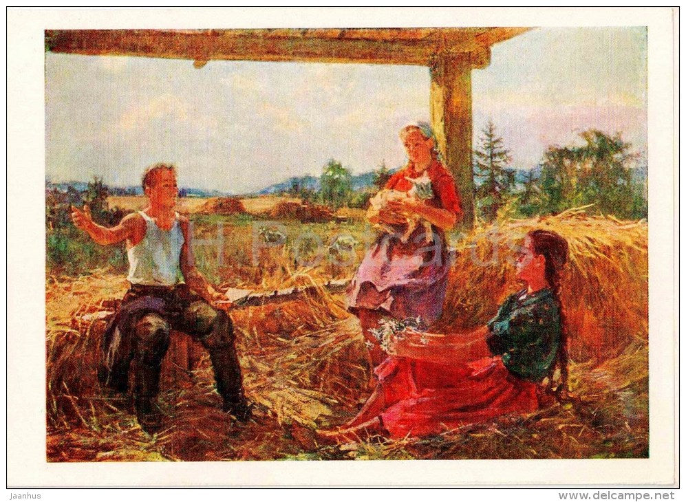 painting by F. Antonov - First Poems , 1954 - boy and girls - lamb - russian art - unused - JH Postcards