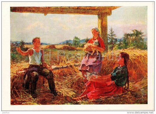 painting by F. Antonov - First Poems , 1954 - boy and girls - lamb - russian art - unused - JH Postcards