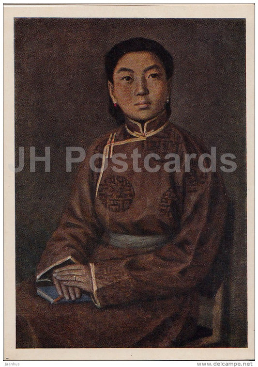 painting by Urjingiin Yadamsuren - Portrait of a female student  ,1948 - mongolian art - 1954 - Russia USSR - unused - JH Postcards