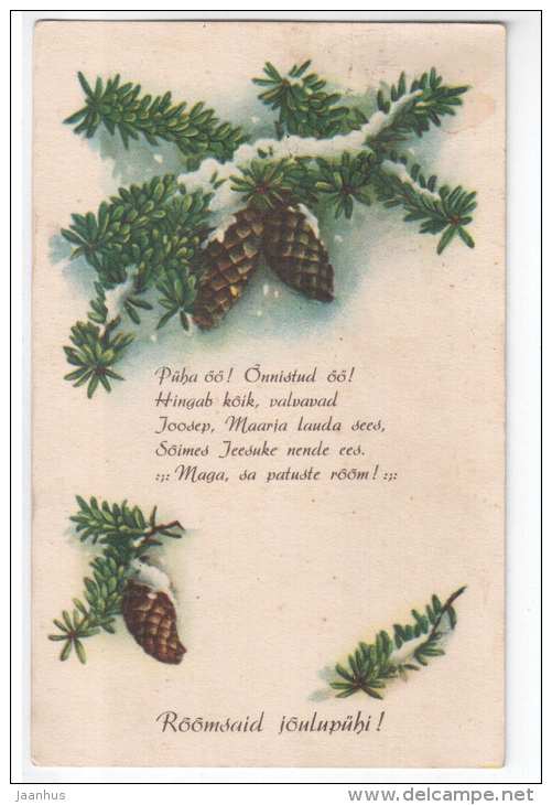 christmas greeting card - cones - Silent Night Lyrics - IL - old postcard - circulated in Estonia , 1938 - used - JH Postcards