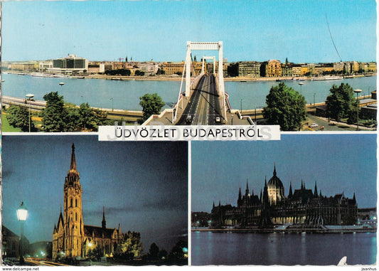 Greetings from Budapest - bridge - parliament- architecture - cathedral - multiview - 1983 - Hungary - used - JH Postcards