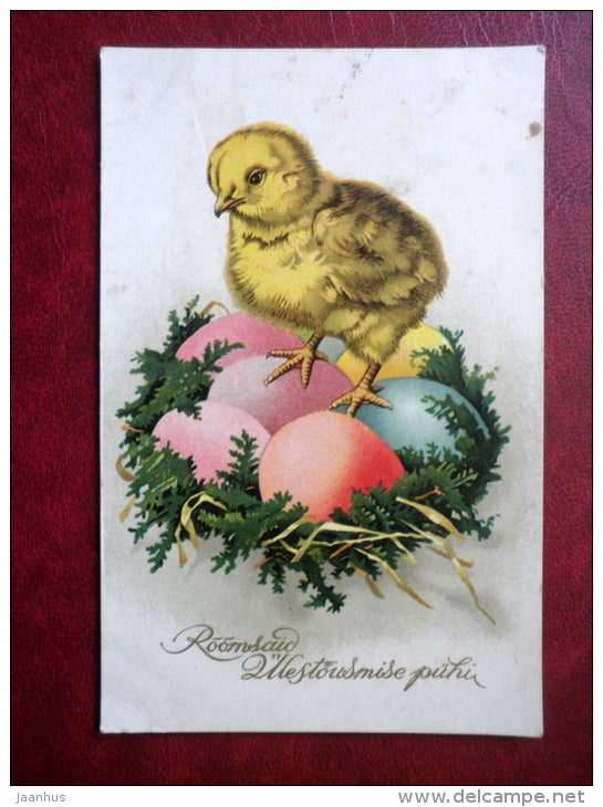 Easter Greeting Card - chicken - eggs - circulated in Estonia 1930s - Estonia - used - JH Postcards