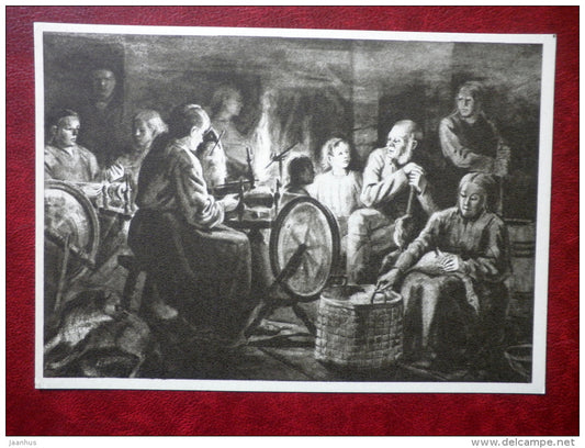 listening to fairy tales in barn by O. Kangilaski - estonian writer Fr. R. Kreutzwald - estonian art  - unused - JH Postcards