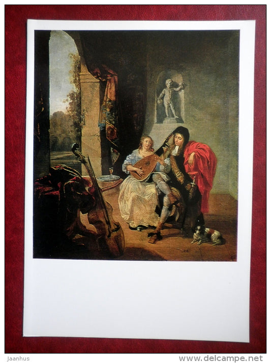 large format postcard - painting by Joost van Geel , The Duet - chello - lute - dog - dutch art - unused - JH Postcards