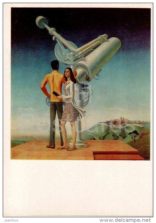 painting by R. Gevondyan - Byurakan Observatory - telescope - armenian art - unused - JH Postcards