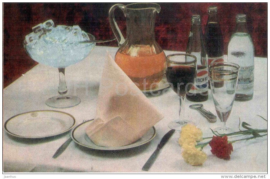 table for cold drinks - pepsi - sparkling water - Table Setting - 1985 - Russia USSR - unused - JH Postcards