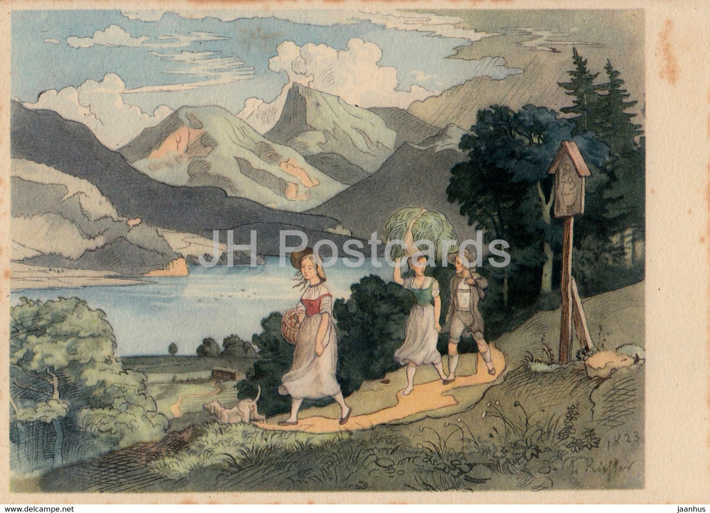 painting by Ludwig Richter - Alpenlandschaft mit See - 12 - German art - old postcard - Germany - unused - JH Postcards