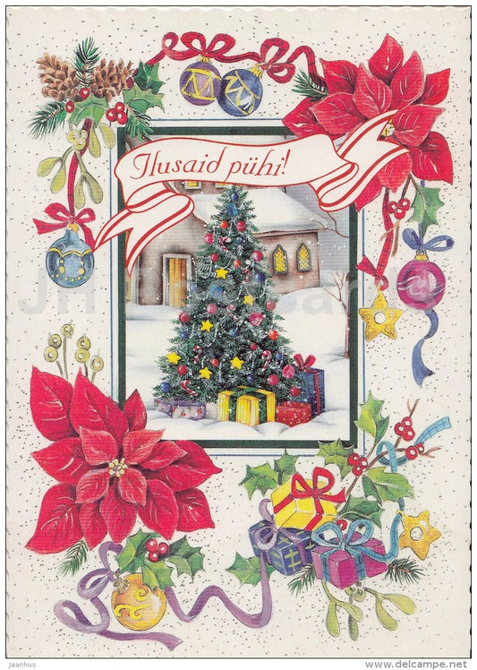 Christmas Greeting Card - gifts - christmas tree - illustration - Estonia - used in 2004 - JH Postcards