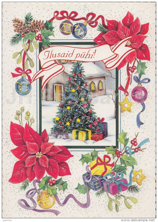 Christmas Greeting Card - gifts - christmas tree - illustration - Estonia - used in 2004 - JH Postcards