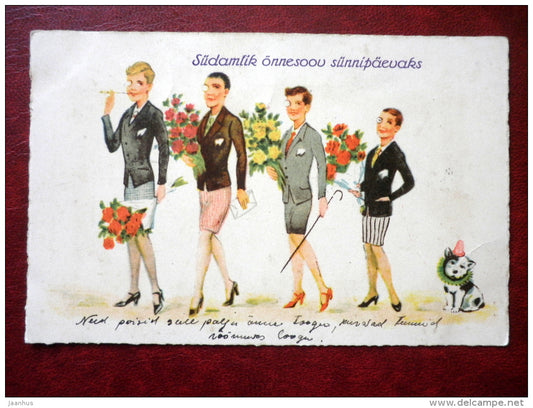 Birthday Greeting Card - ladies - men - dog - flowers - 8108 - 1920s-1930s - Estonia - used - JH Postcards