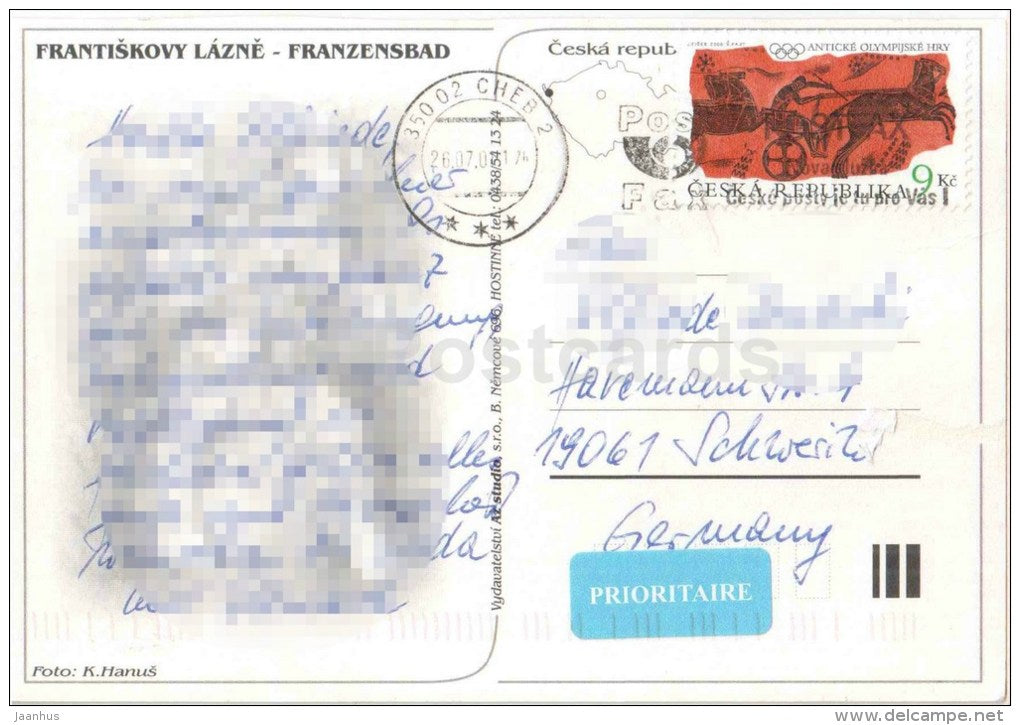 Frantiskovy Lazne - Franzensbad - town views - olympic games stamp - Czech - used 2001 - JH Postcards