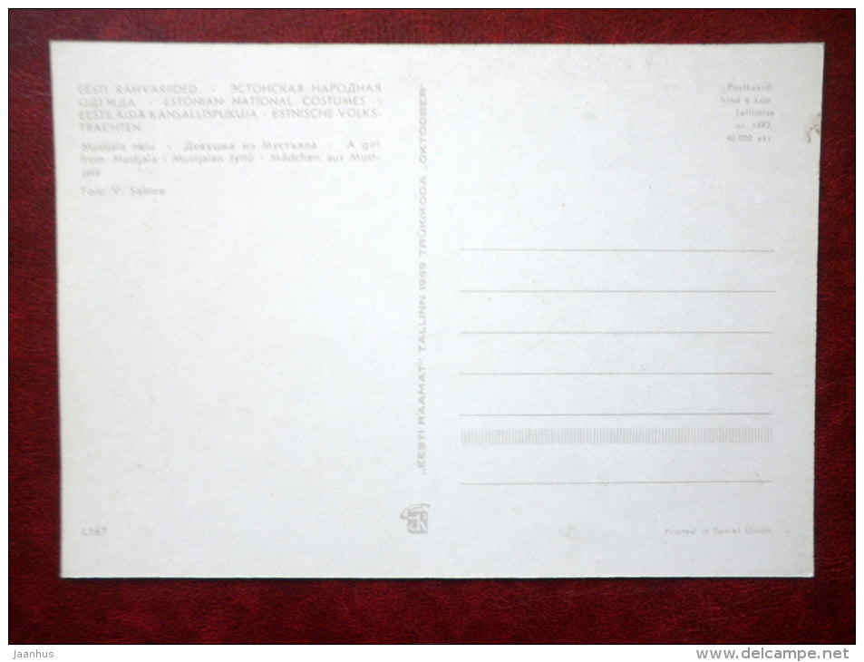 Estonian Folk Costumes - a girl from Mustjala - 1969 - Estonia USSR - unused - JH Postcards