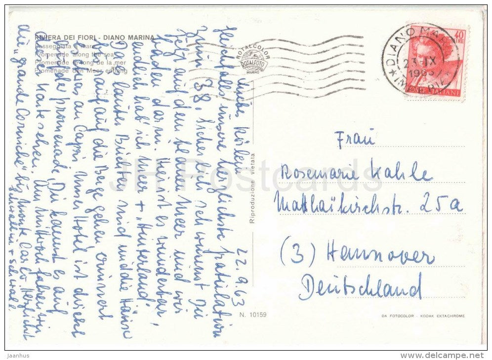 passeggiata -Riviera dei Fiori - Diano Marina - Savona - Liguria - Italia - Italy - sent from Italy to Germany 1963 - JH Postcards