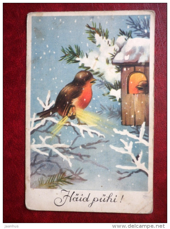Christmas Greeting Card - birds - nest - MH - circulated in 1939 - Estonia - used - JH Postcards