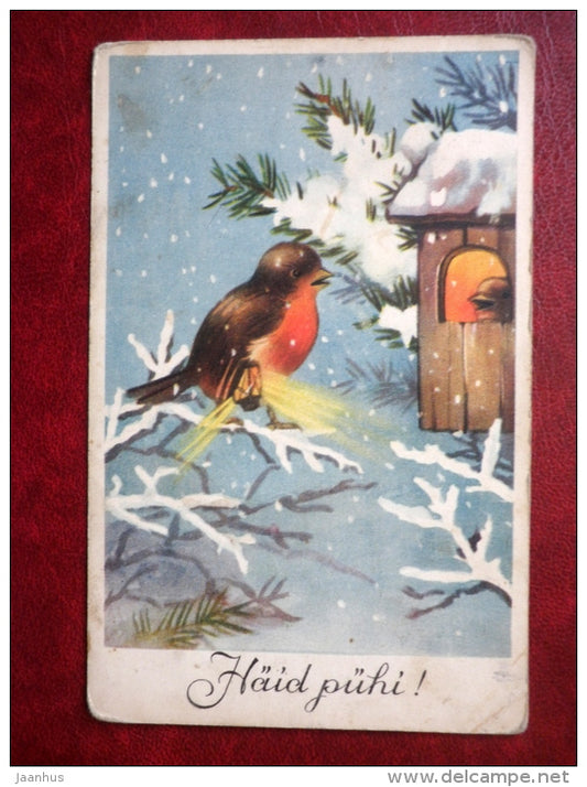 Christmas Greeting Card - birds - nest - MH - circulated in 1939 - Estonia - used - JH Postcards