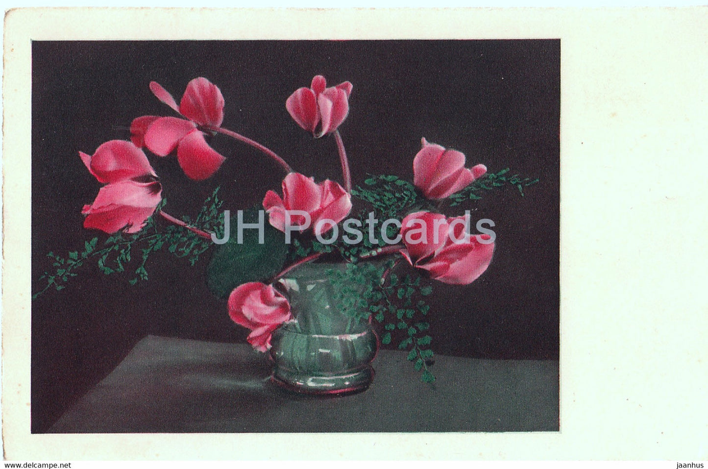 red flowers in a vase - Bonne Fete - HB 8025 - old postcard - Germany - used - JH Postcards