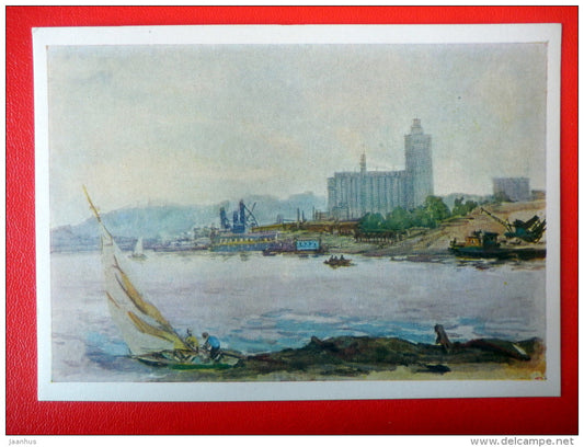 painting by B. Mesropyan . Elevator on the Dnieper river . Kiev , 1960 - sailing boat - ukrainian art  - unused - JH Postcards