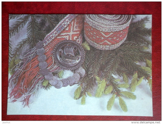 New Year greeting card - old coins - belt of traditional costumes- 1992 - Estonia USSR - used - JH Postcards