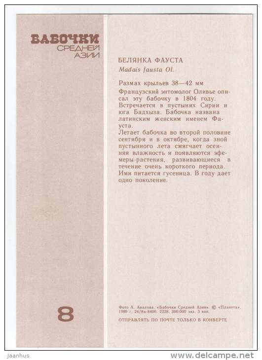 Madais fausta - butterfly - Central Asia butterflies - 1989 - Russia USSR - unused - JH Postcards