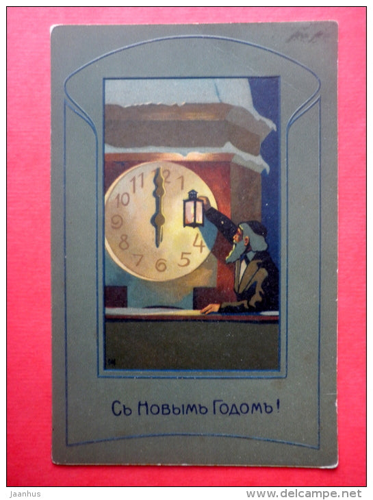 new year greeting card - old man - clock - PP - circulated in Imperial Russia Estonia Wesenberg 1907 - JH Postcards