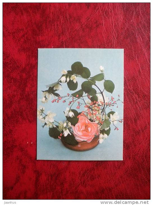 Arrangement of flowers -rose - flowers - mini card - 1987 - Russia - USSR - unused - JH Postcards
