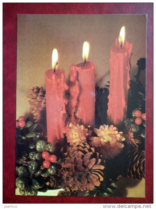 New Year Greeting card - candles - pine cones - 1984 - Estonia USSR - used - JH Postcards