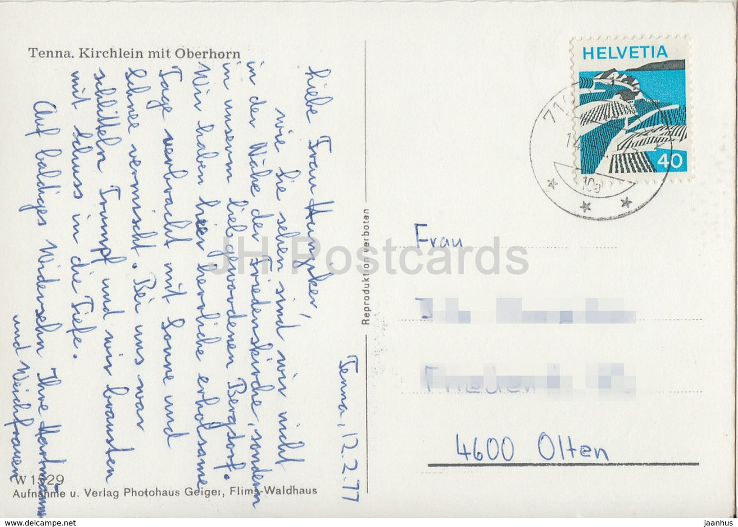 Tenna - Kirchlein mit Oberhorn - church - 1977 - Switzerland - used