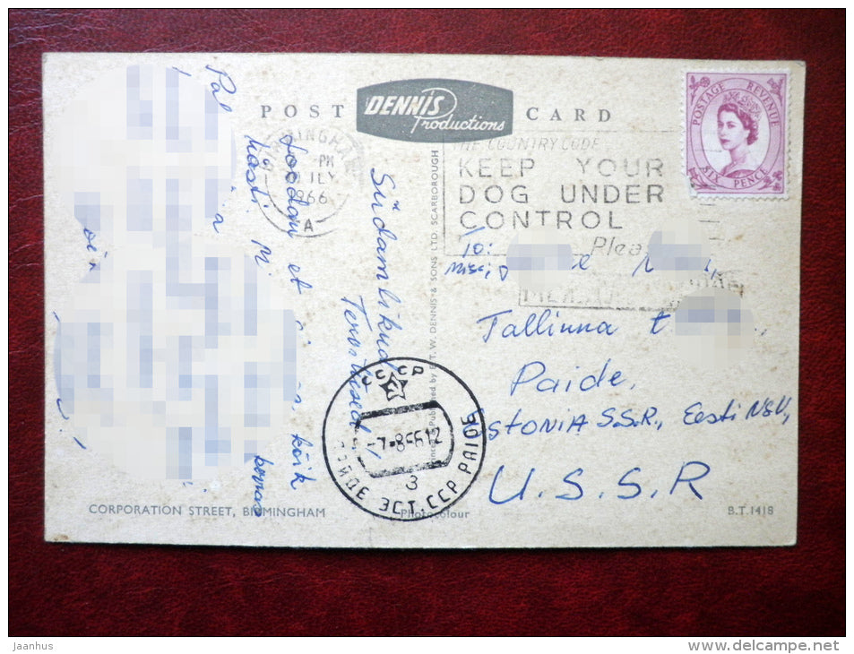 Birmingham - Corporation Street - cars - sent to Estonia, USSR 1966 , stamped - England - United Kingdom - used - JH Postcards