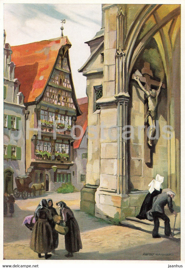 painting by Rudolf Warnecke - Dinkesbuhl - Hauptportal St Georgs Kirche - German art - Germany - unused - JH Postcards