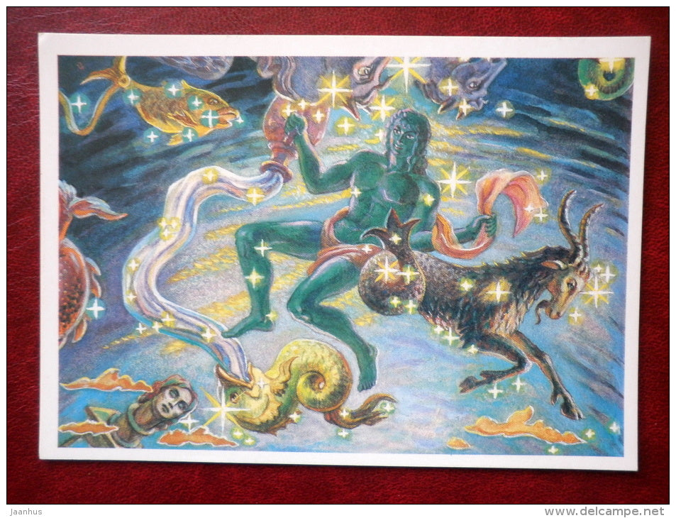 Aquarius - Capricorn - constellations - stars - night sky - 1990 - Russia USSR - unused - JH Postcards