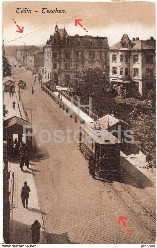 Tesin - Teschen - tram - old postcard - Czech Republic - Czechoslovakia - used - JH Postcards