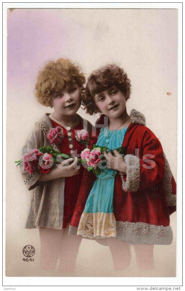 girls with flowers - children - Noyer 4641 - France - circulated in Estonia - JH Postcards