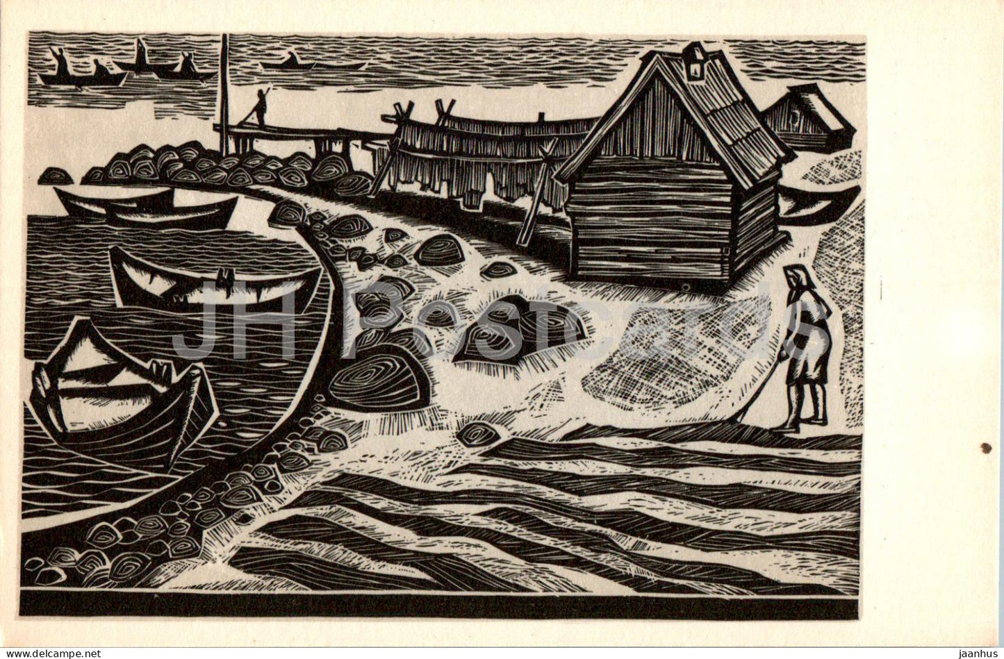 Solovki - Rebolda - At the Pier - graphics by V. Presnyakov - 1969 - Russia USSR - unused - JH Postcards