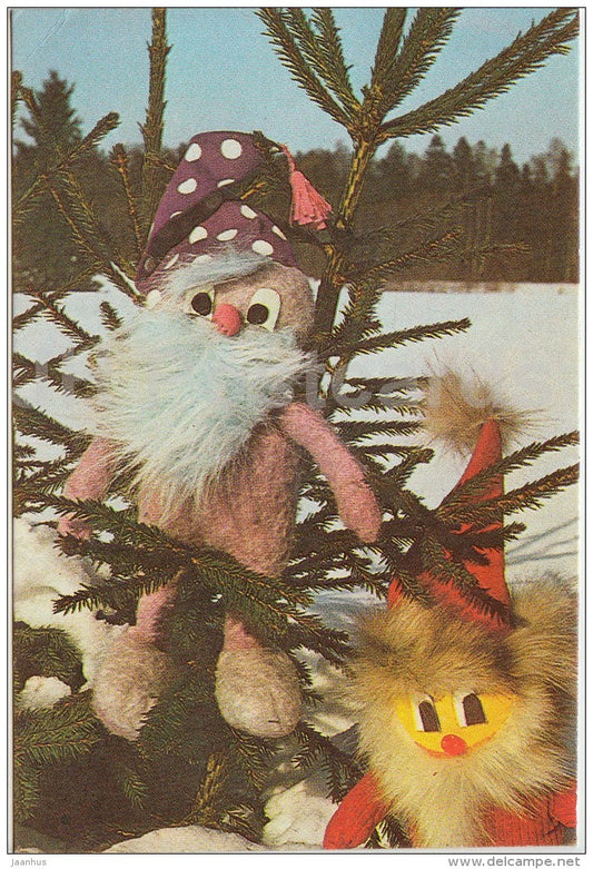mini New Year greeting card - fabric dolls - 1985 - Estonia USSR - unused - JH Postcards