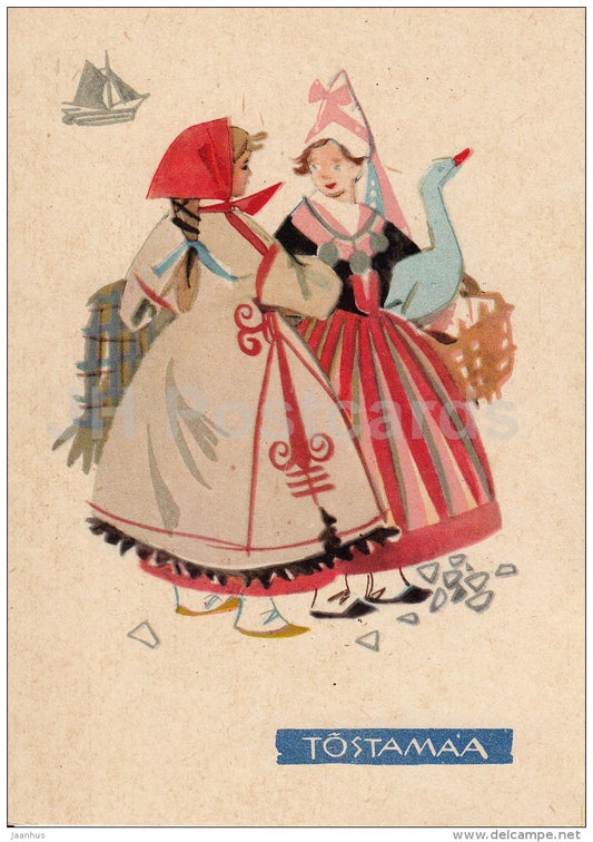 illustration by V. Tolli - Tõstamaa - goose - Estonian Folk Costumes - 1960 - Estonia USSR - unused - JH Postcards