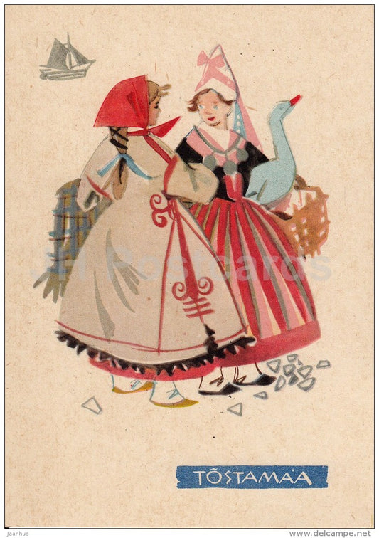 illustration by V. Tolli - Tõstamaa - goose - Estonian Folk Costumes - 1960 - Estonia USSR - unused - JH Postcards