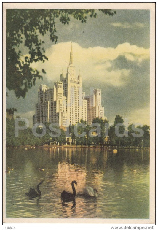high-rise building on the Vosstaniya (Revolt) square - swan - Moscow - 1956 - Russia USSR - unused - JH Postcards