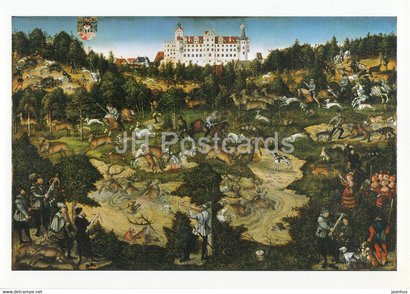 painting by Lucas Cranach - Hirschjagd zu Ehren Kaiser Karls V vor Schloss Hartenfels - German art - Germany - unused - JH Postcards
