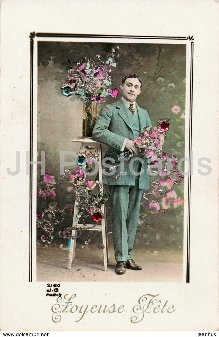 Easter Greeting Card - Joyeuse Fete - man - 2180 - JC Paris - old postcard - France - used - JH Postcards