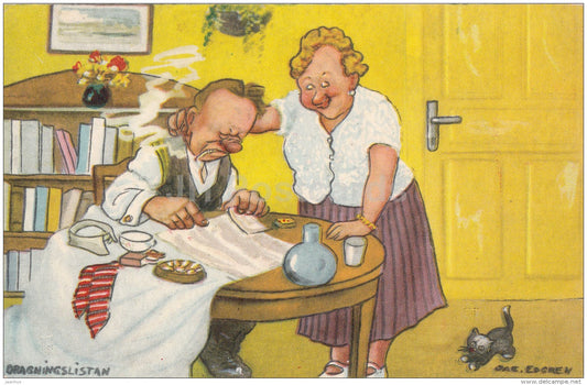 illustration by Jak. Edgren - humor - dragningslistan - agenda - man and woman - 45 - Sweden - unused - JH Postcards